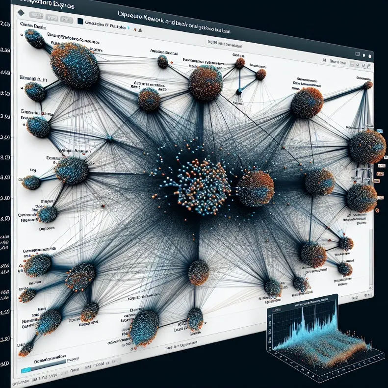 Complex network visualization with interconnected nodes and data clusters on a digital interface